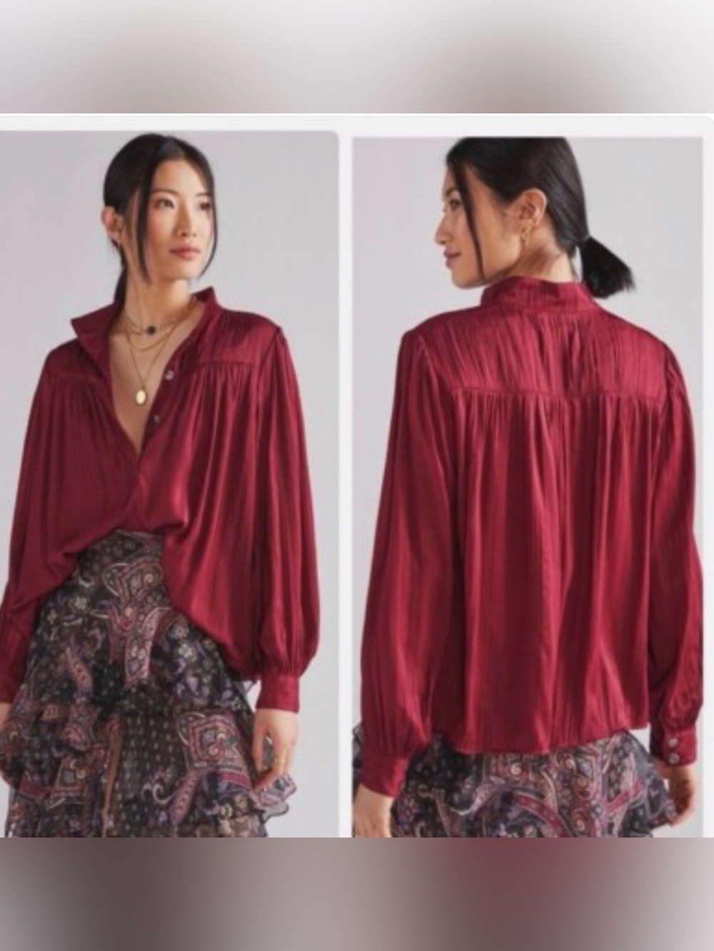 Anthropologie Relaxed Shimmer Satin Blouse Dark Cherry Henley Button Up